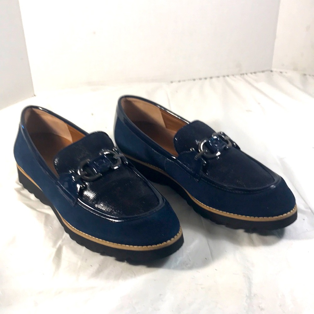 Donald Pliner Women’s Clio Navy Patent Leather and Suede Slip On Chunky Loafer